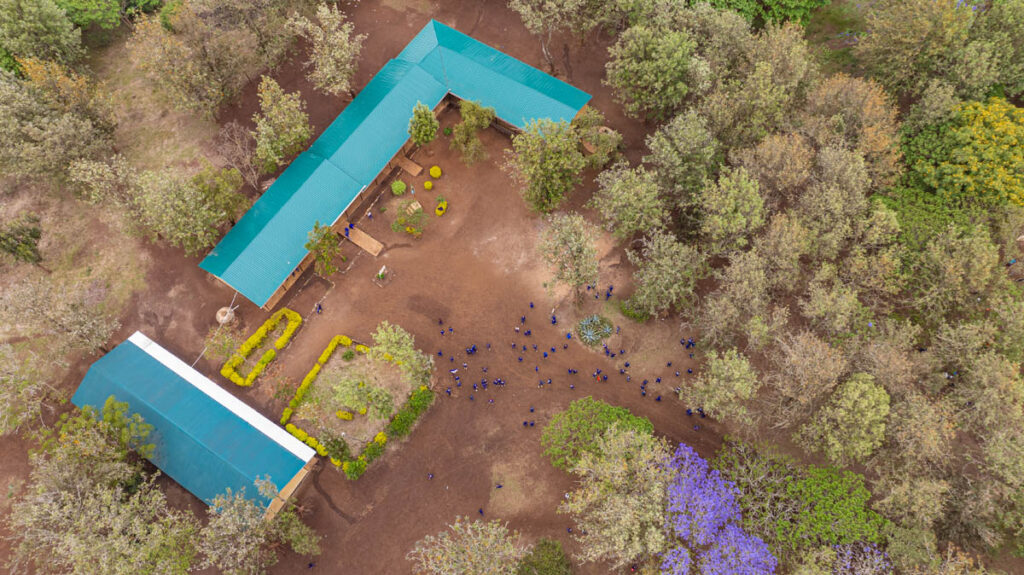 Aerial view of two green-roofed buildings surrounded by trees, with a group of people gathered in an open dirt area between them.