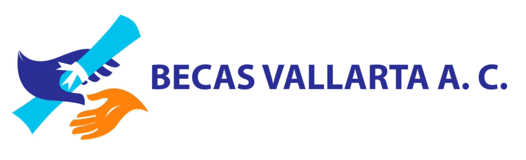 Logo of Becas Vallarta A. C. featuring a blue hand holding a diploma and an orange hand below, with the organization name in bold blue letters.