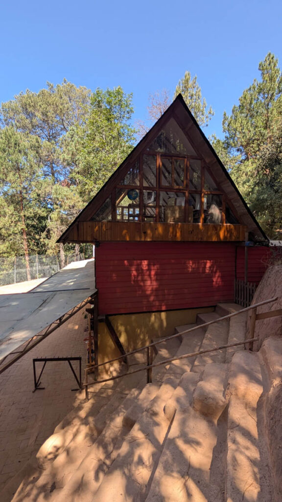 A wooden A-frame cabin with a red lower exterior and large windows, surrounded by trees, with a sloped dirt path and railing in the foreground.