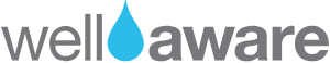 The image shows the wellaware logo, with blue water droplet graphic, and the rest of the text in gray lowercase letters on a light background.