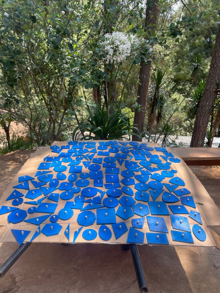 A table outdoors holds many flat, blue geometric climbing holds arranged on a large board, with trees and plants in the background.