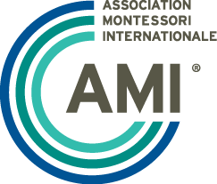 AMI logo with three curved turquoise and teal lines forming a partial circle around bold AMI text; Association Montessori Internationale is written on the top right.
