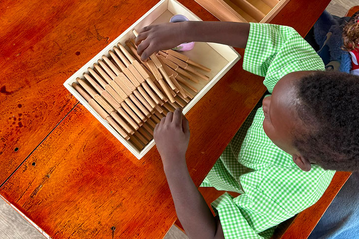 A child in a green checkered shirt arranges wooden rods of varying lengths in a white tray on a reddish-brown table.