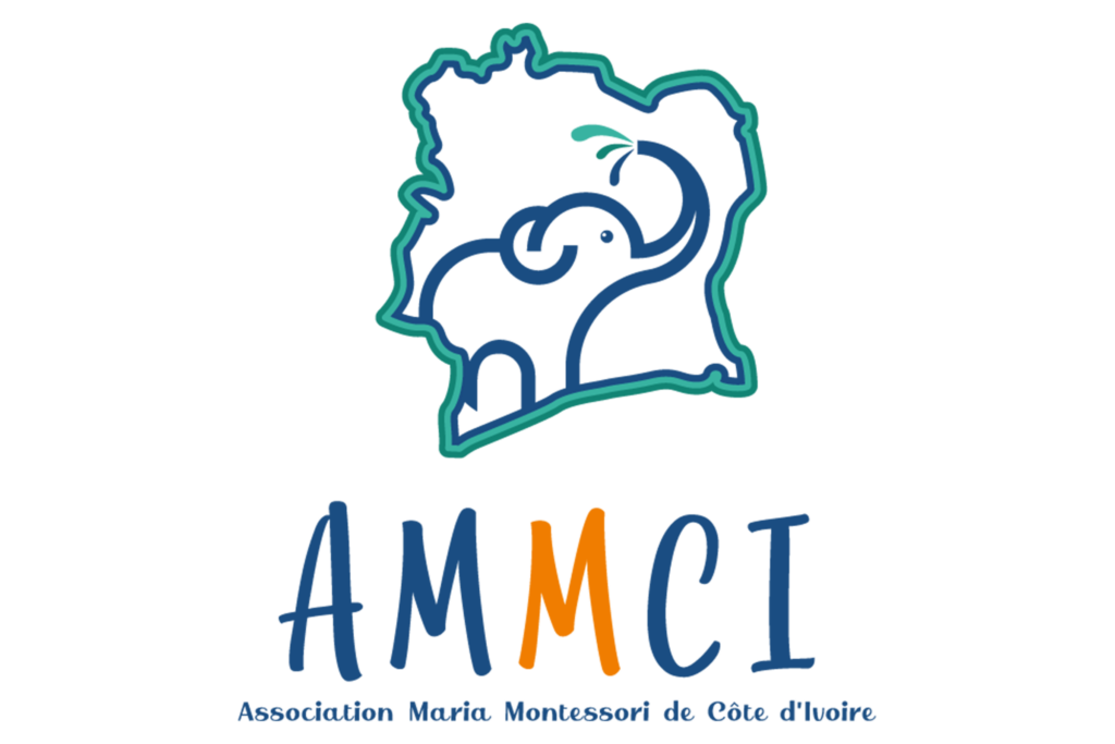 Logo with an outline of Côte dIvoire, a stylized elephant, and AMMCI text below. Full name: Association Maria Montessori de Côte dIvoire.