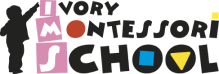 Logo for Ivory Montessori School with playful, colorful letters, a child silhouette, and geometric shapes in the word SCHOOL..
