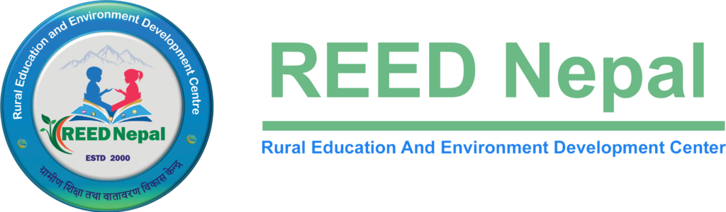 Logo for REED Nepal, the Rural Education and Environment Development Centre, featuring an illustration of children reading books.